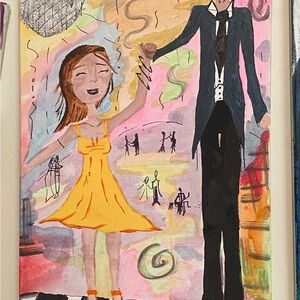 Whimsical Orange and Black Painting with Joyful Figures